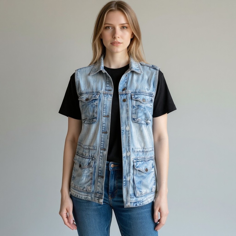 Lucky Brand Blue Denim Sleeveless Zip Up Top